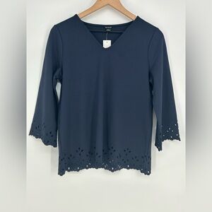"NWT" Ann Taylor Navy V-Neck 3/4 Sleeve Eyelet Detail Blouse- Women's Small